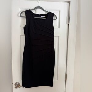 Calvin Klein Black Sleeveless Midi Sheath Dress with Diagonal Pleats